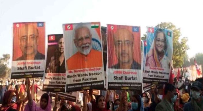 Sindhi  protesters use posters of Modi, Hasina, Saudi Crown Prince; demand freedom from Pakistan
