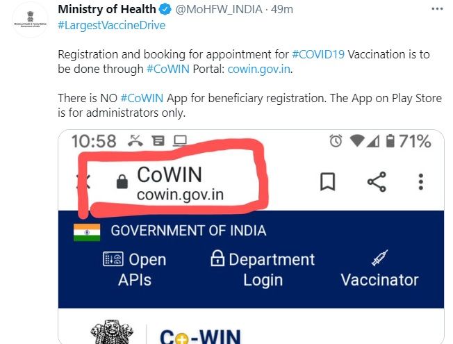 Govt: Vaccine Registration through Portal Only, No App Available