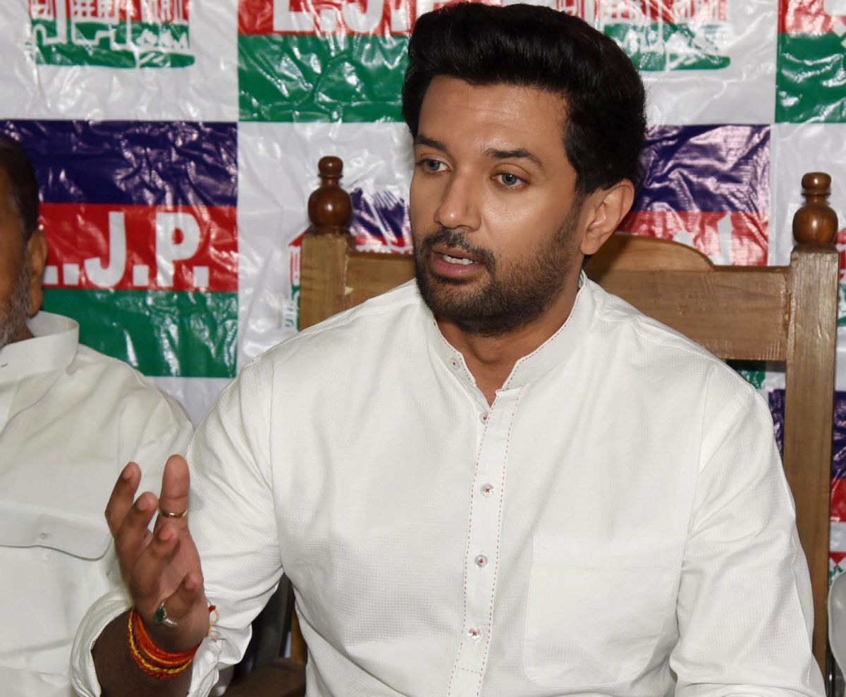 Lok Janshakti Party chief and MP Chirag Paswan addressing a press conference at party office,