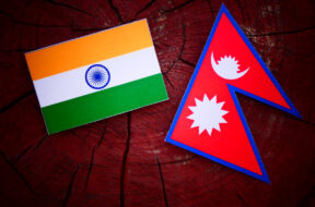 Indian flag with Nepali flag on a tree stump isolated