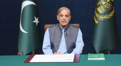 Prime Minister Shehbaz Sharif addressing the nation in Islamabad on 27 May 2022