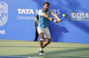 Yuki Bhambri in action during the singles qualifying opening round match against Diego Hidalgo at the 5th Tata Open Maharashtra in Pune on Saturday, December 31, 2022