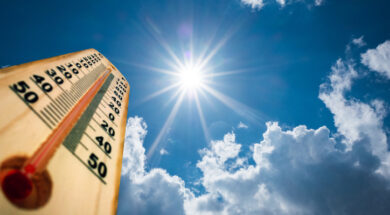 Thermometer Sun high Degres. Hot summer day. High Summer temperatures