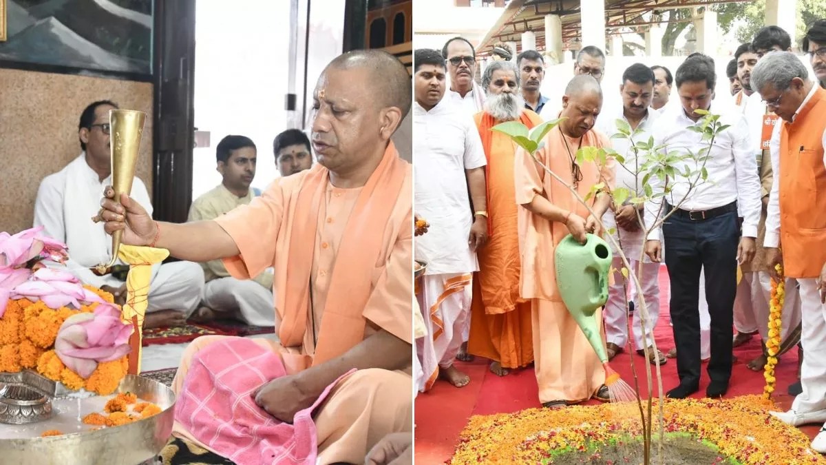 गोरखनाथ मंदिर में सीएम योगी आदित्यनाथ ने किया रूद्राभिषेक, लगाए हरिशंकरी के पौधे
