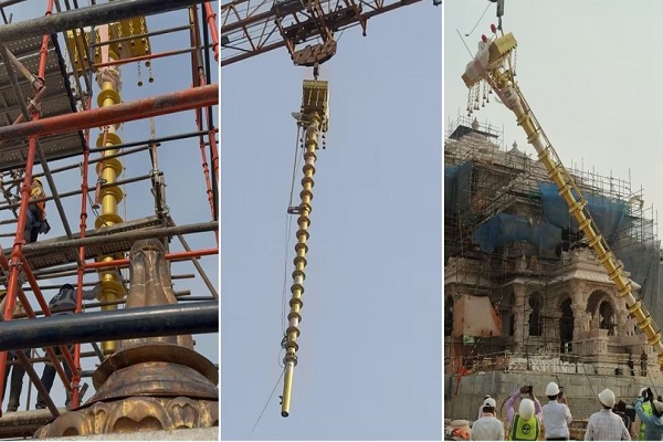 अयोध्या : रामलला के धाम पर ऊंचाइयों को छूता 42 फीट लंबा ध्वज दंड स्थापित