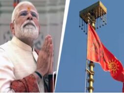 राम मंदिर के शिखर पर फहराती धर्म ध्वजा