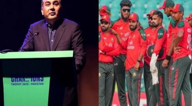 पीसीबी चीफ मोहसिन नकवी और बांग्लादेशी टीम